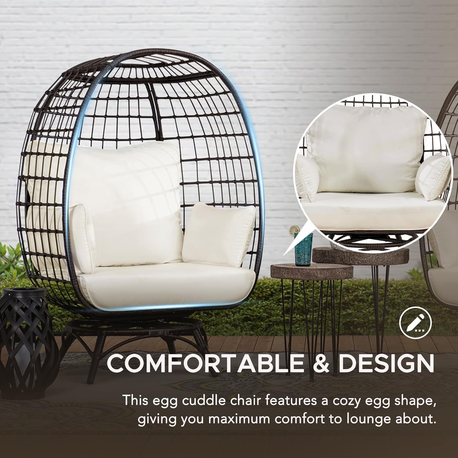 Sunjoy Egg Cuddle Chair Wicker Swivel Oversized Indoor Outdoor Lounge Chairs with 4 Cushions for Patio, Backyard, Living Room,Brown