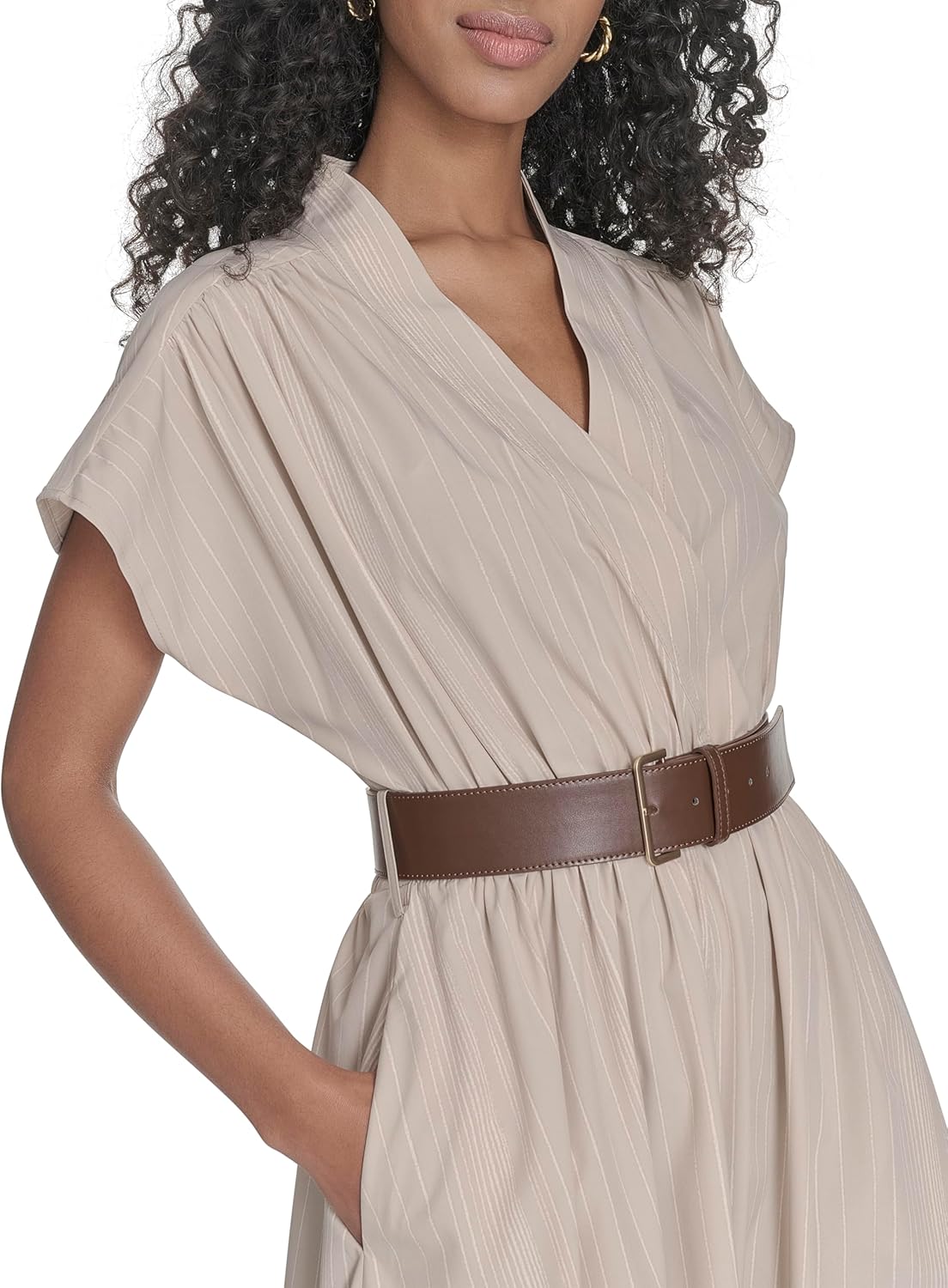 Calvin Klein Womens Cap Sleeve V-Neck Belted Midi Cotton A-line Dress - Image 4