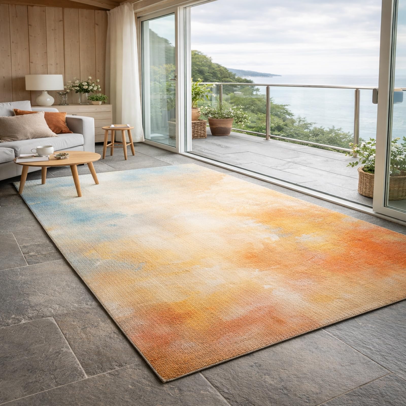 Tapis abstrait bleu et orange 200 x 280 cm, finitions premium pour séjour