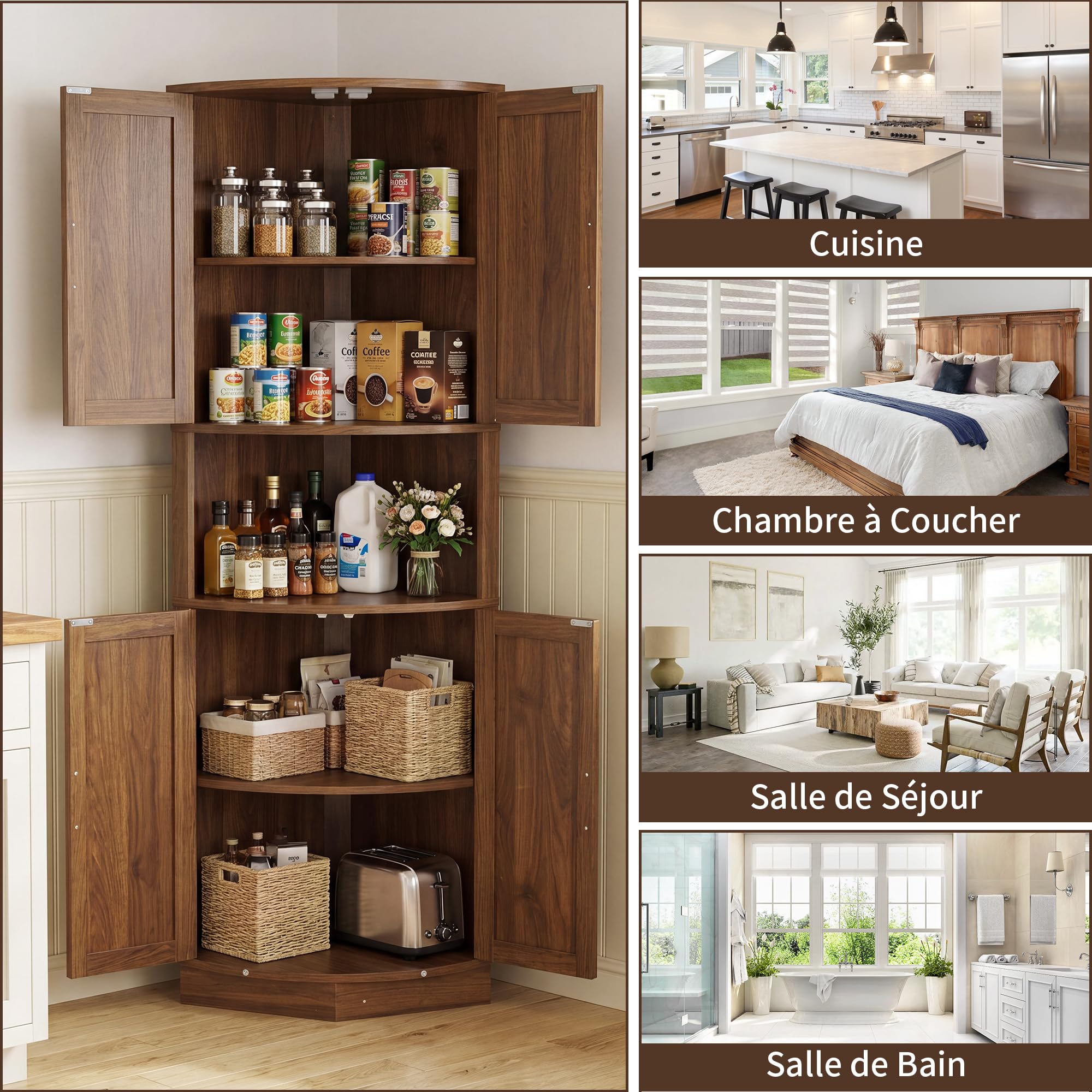 BonVache Armoire de cuisine haute, armoire d'angle, armoire de salle de bain étroite, étagère d'angle avec 4 portes et 5 étagères, 165 cm, en bois, pour cuisine, salon, salle à manger, noyer clair