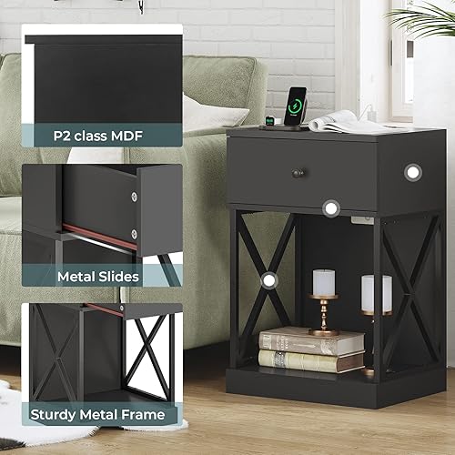 Miniatura 8 de AOGLLATI Juego de 2 mesitas de noche con estación de carga mesas de noche negras para dormitorio juego de 2 mesita de noche con cajón de
