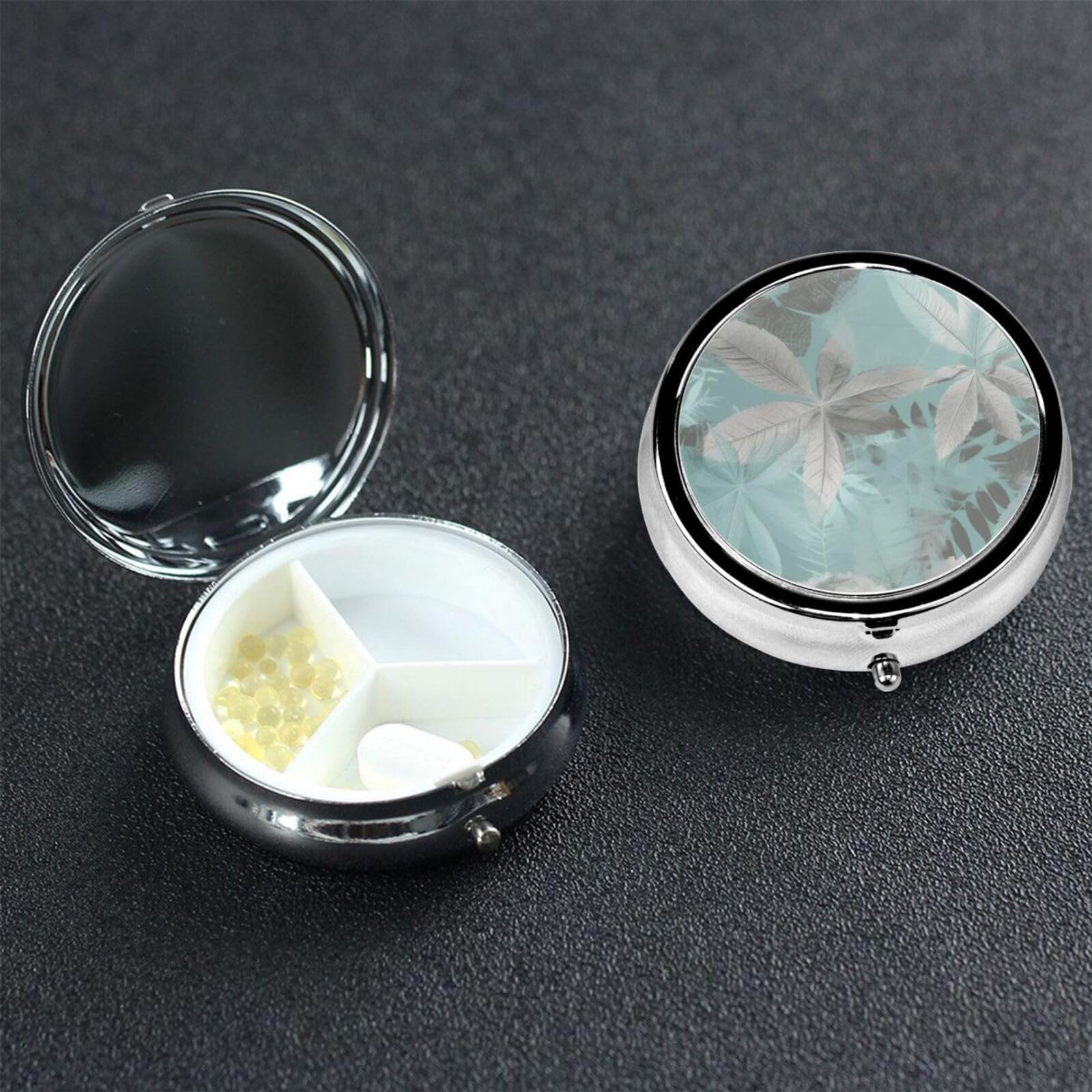 Small Pill Box 3 Compartment Mint Gray Leaves Pill Box for Pocket or Purse Decorative Metal Pill Organizer Portable Travel Pillbox Round Medicine Vitamin Holder Unique Gift