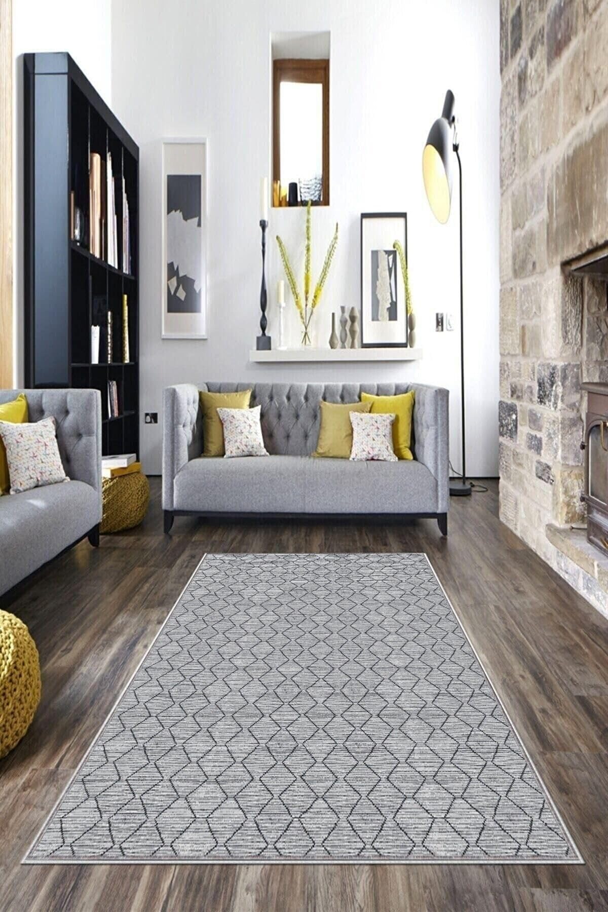 Pelangi Gri Baklava Desen Yıkanabilir Kaymaz Taban Leke Tutmaz Modern Salon Halısı Ve Yolluk, Gri 160 x 240, 135819916024005