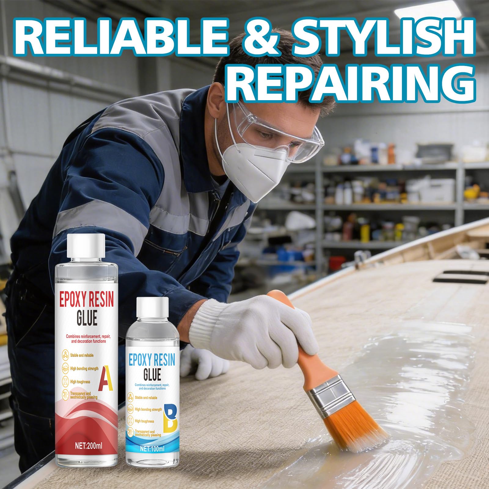 Glasfasermatten und Epoxidharz Set, Glasfaser Reparaturset, Epoxidharz + 1m² Glasfasermatte 300g - Wird zur Reparatur von Schiffen, Surfbrett, Rohren und Vielen Anderen Oberflächen Verwendet,200+100ml