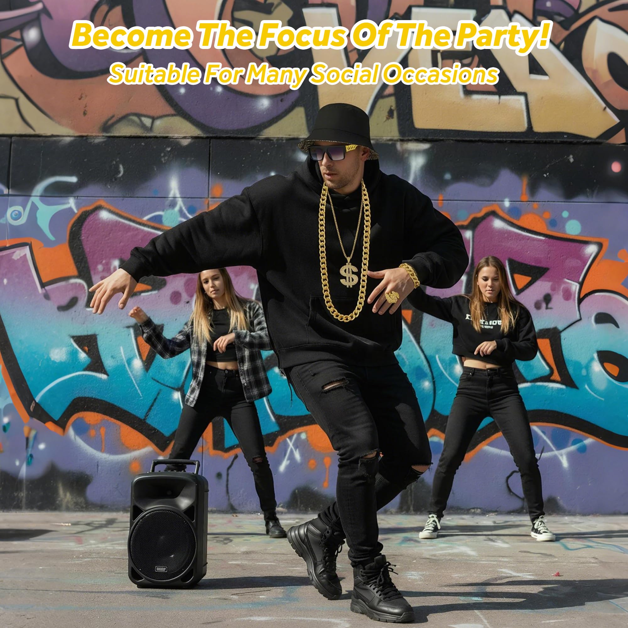 90s Hip Hop Costume Kit, Bucket Hat, Gold Chain, Dollar Sign Necklace, Rings & Sunglasses for Men Women & Kids - Image 4