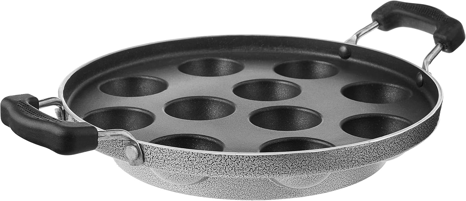 Omega Select Plus Non-stick Paniyarakkal/Kuzhi Paniyaram/Idli/Filled Pancake Pan Also Aebleskiver/Ebelskivers Pop Maker, 11 Pits - 250 mm, Black)