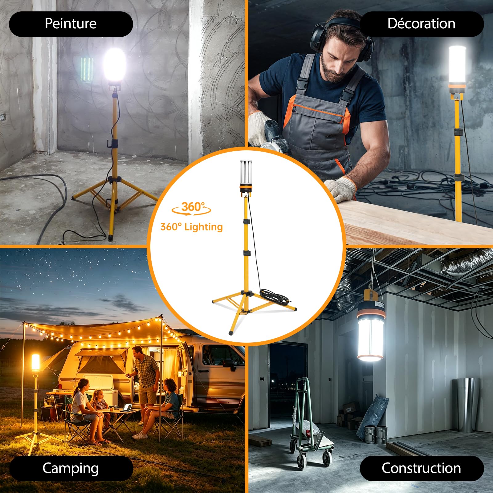 60 W Baustrahler auf Stativ, 6500 Lumen und wasserdicht, LED-Außenstrahler, 360 Grad Lichtwinkel.