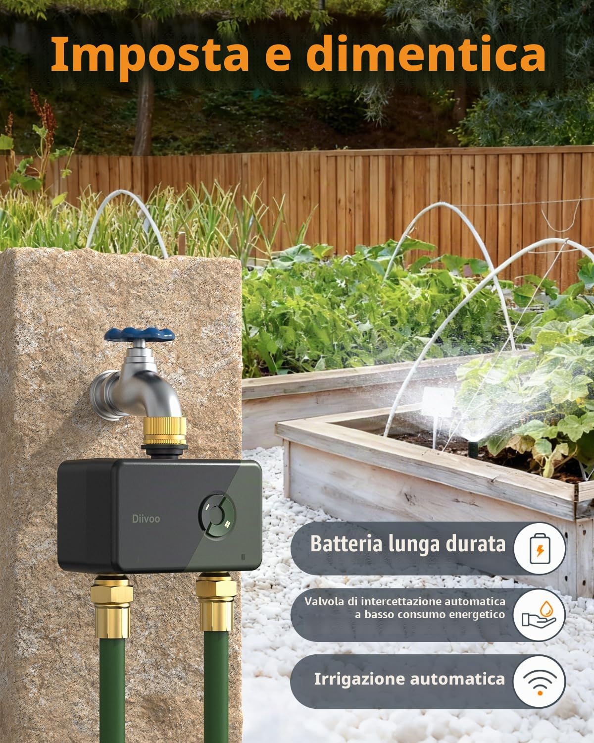 Diivoo Centralina Irrigazione WiFi 2 Zone con Ingresso Uscita in Ottone, Timer Irrigazione Smart Compatibile con APP e Vocale Alexa, Programmatore Irrigazione WiFi per Giardino, Prato