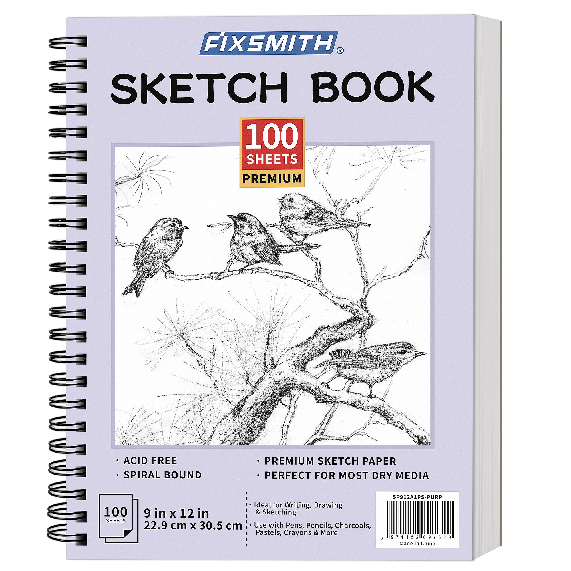 FIXSMITH 9"X12" Sketch Book, 100 Sheets, 68 lb/100gsm Sketchbook, Purple