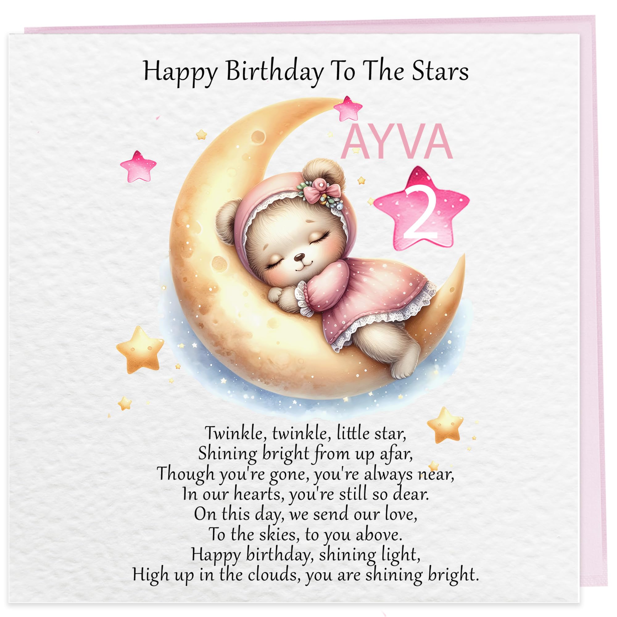 Personalised Memorial Birthday Card for Angel Baby Boy or Girl – Happy Heavenly Birthday Keepsake with Poem – Stars & Moon Design, Custom Name & Age Remembrance Gift (Pink)