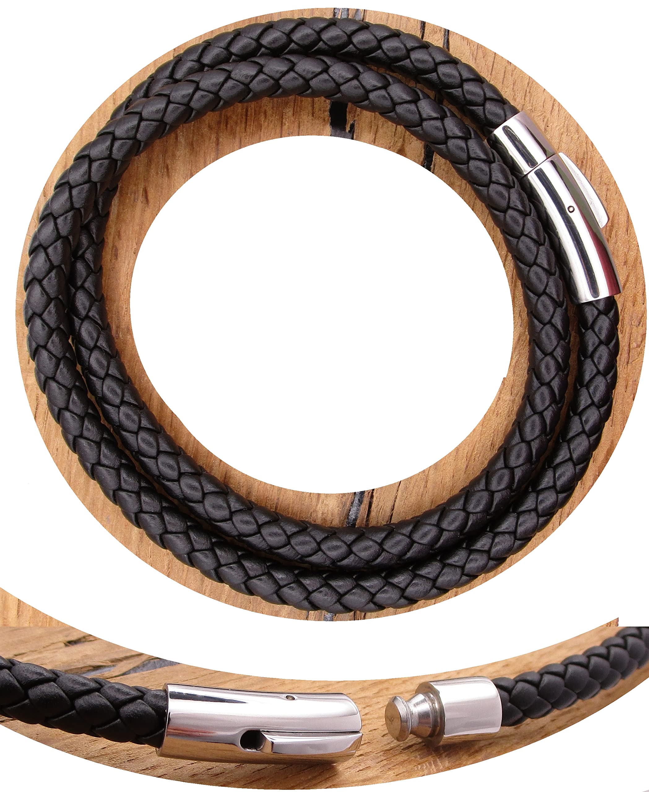 Lederkette Lederhalsband Kalbsleder aus sechs Bändern geflochten Ø 6mm Schwarz Edelstahl Verschluss für Herren & Damen TOP