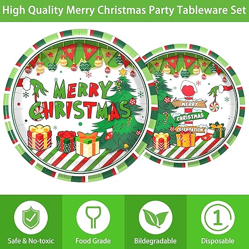 Miniatura 4 de Juego de vajilla desechable de 171 piezas para decoración de fiesta de Navidad para 24 invitados, platos temáticos y servilletas, tazas, cubiertos,