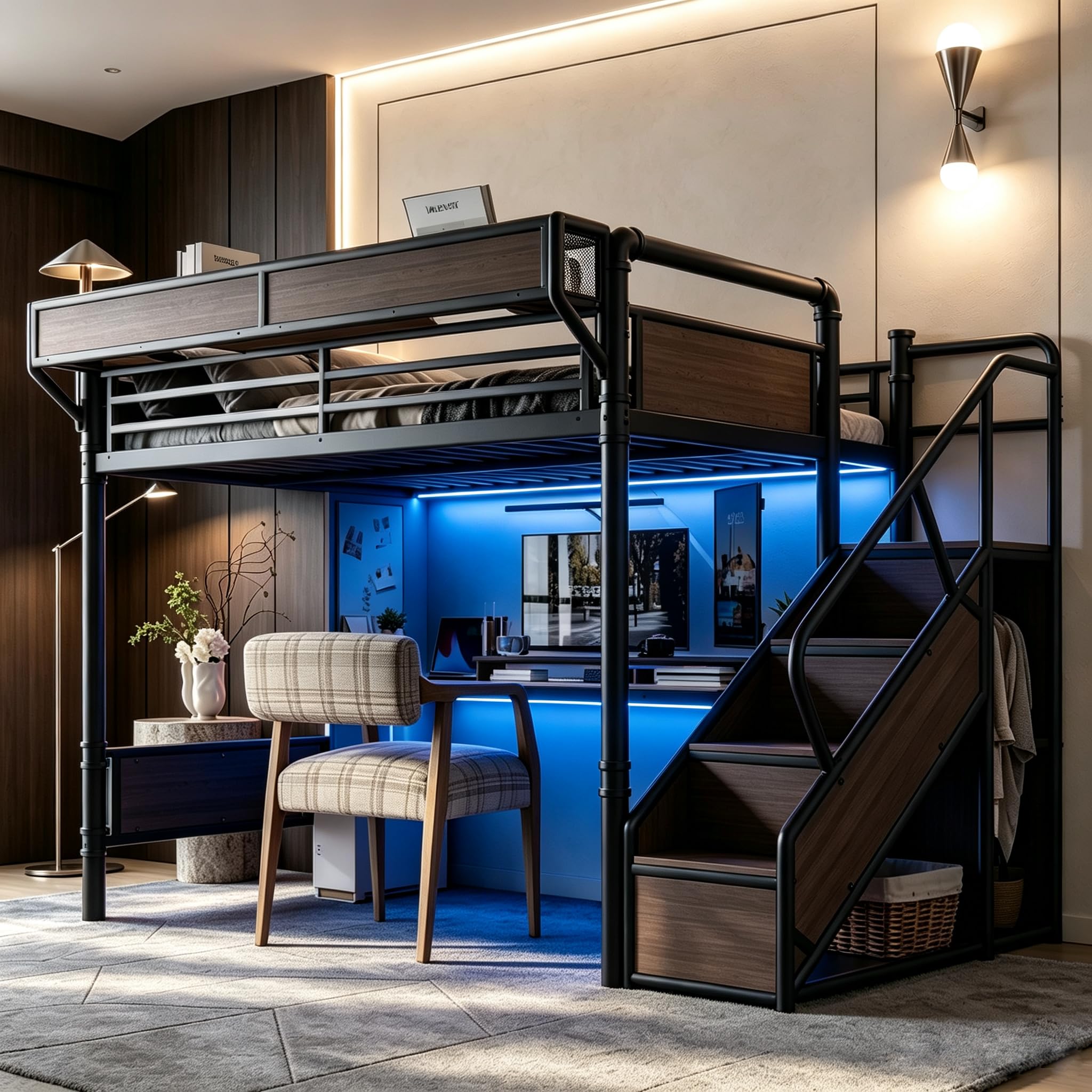 Bellemave Metal Loft Bed Queen with Storage Stairs
