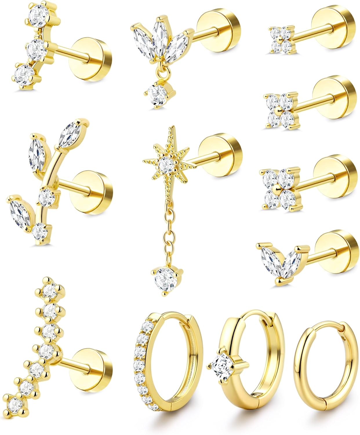 Ear Jewelry Set for Women Flat Back Earrings Surgical Steel Stack Piercing Kit