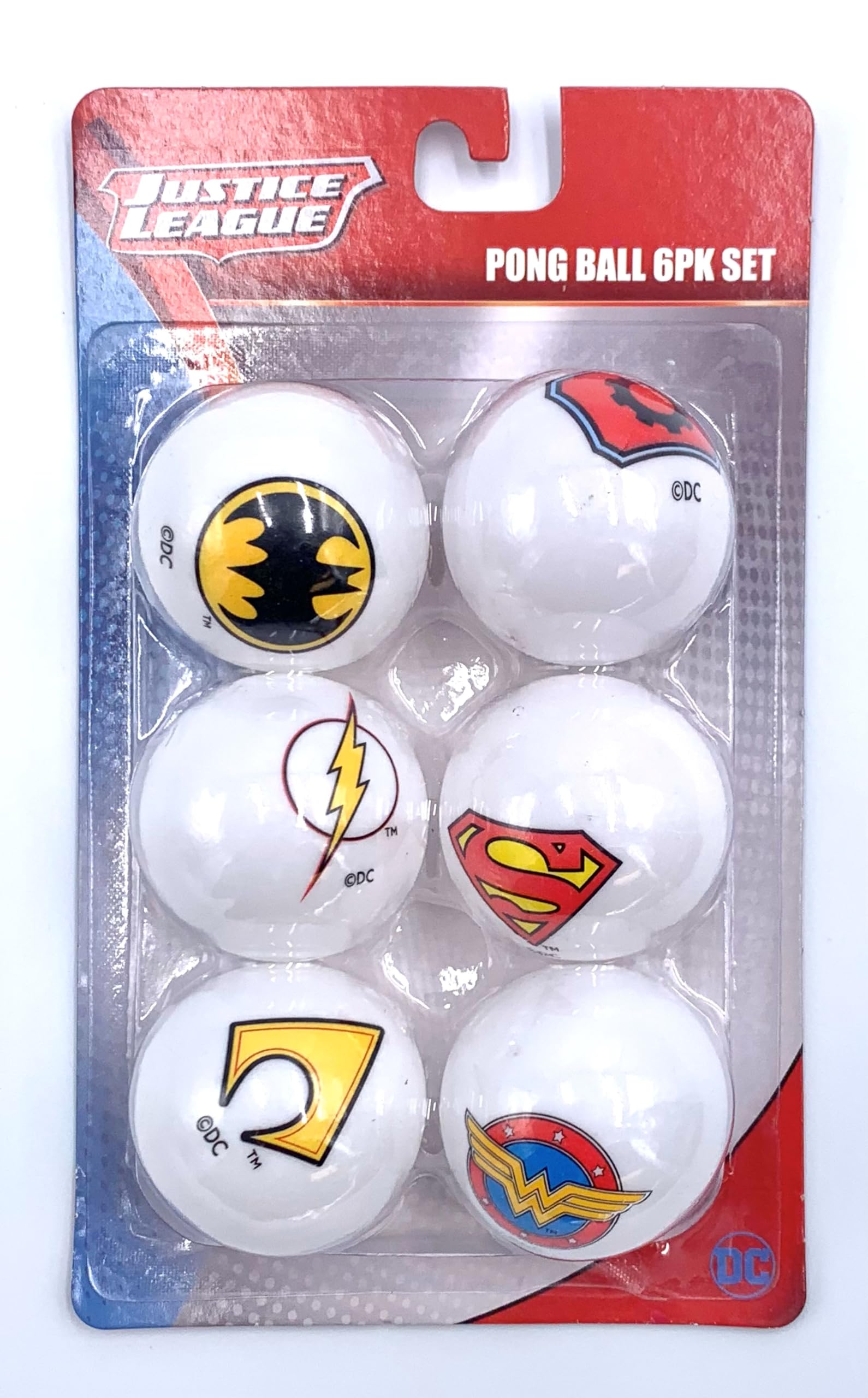 Silver Buffalo JLA Justice League of America DC Superhero Logo Pong Ball 6 Pack Set. Batman, Superman, Wonder Woman, Flash, Aquaman, Cyborg, Standard Size, White, DC12395H