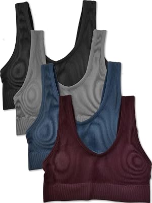 Kalon Womens 4 Pack Ribbed Bralette Crop Top Comfort Sports Bra