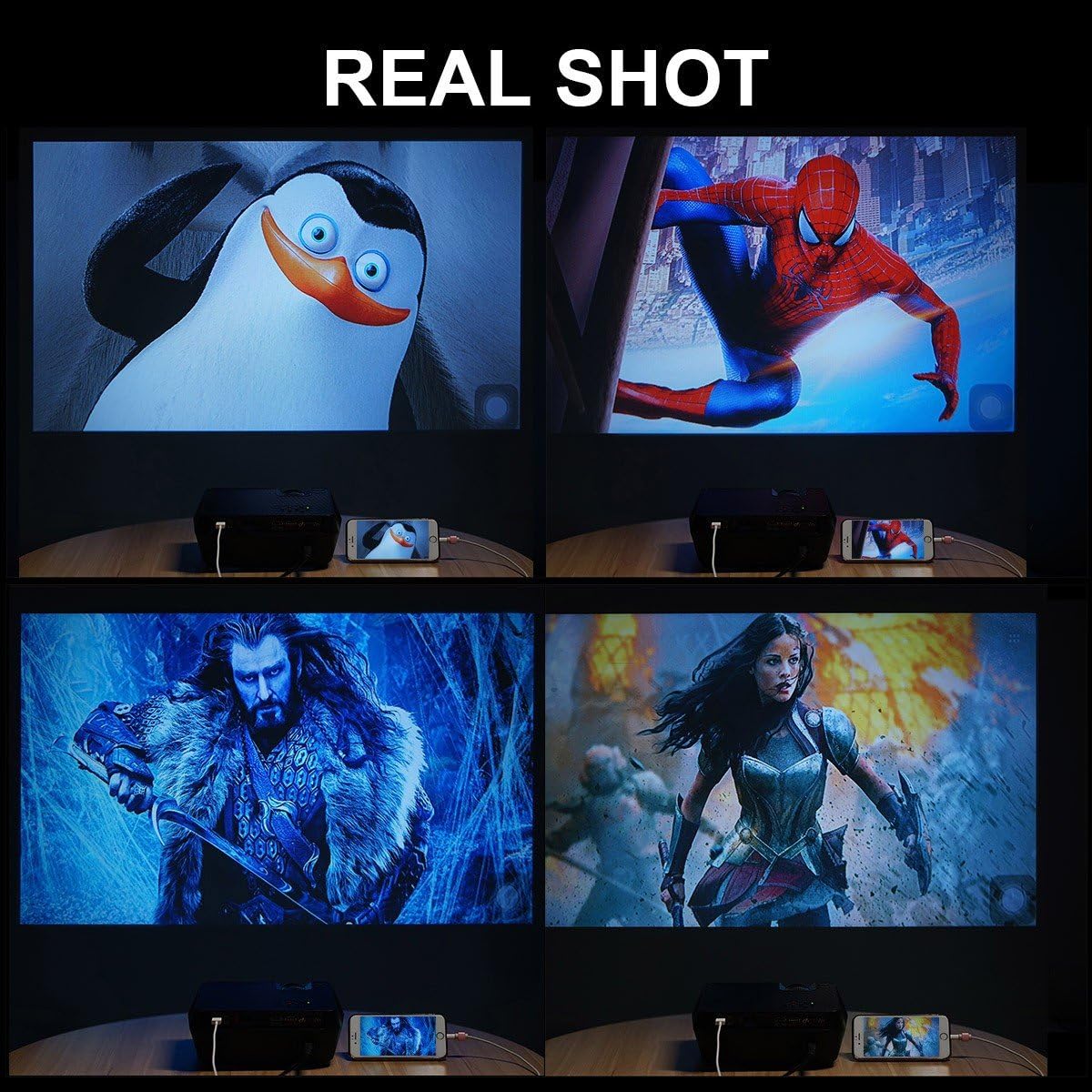 Real shot images of ExquizOn GT-S9 Projector displaying various movie scenes and characters, demonstrating image quality