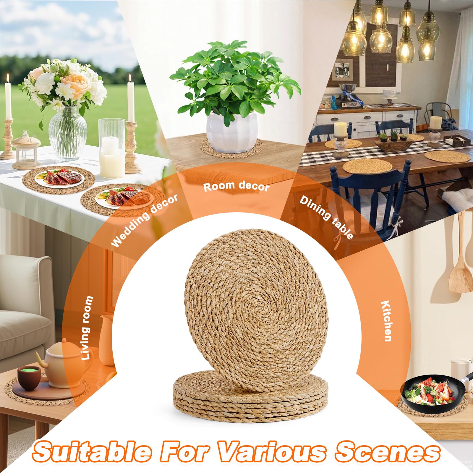 6 Sottopiatti Rotondi Eleganti Vimini, Tovagliette Rotonde Giacinto D'Acqua Paglia Naturale 30cm, Sottopiatto Intrecciato Rotondo Bohémien Centro Tavola Elegante per Tavolo da Pranzo, Casa, Matrimoni