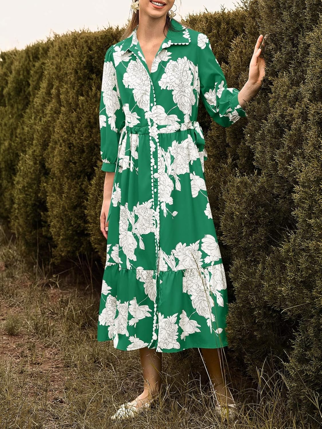 Wenrine Womens Maxi Shirt Dress Casual Floral Collared 3/4 Long Sleeve Drawstring Waist Fall Button Down Dresses - Image 5