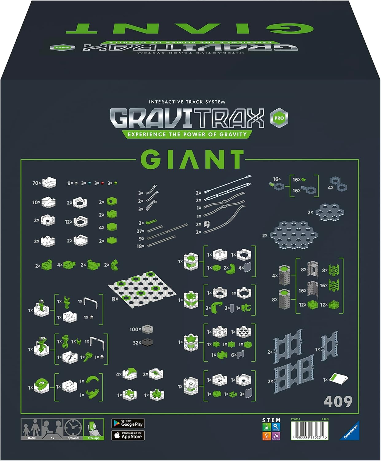 Back of the GraviTrax PRO Giant Set box, showing an illustrated list of all 409 components