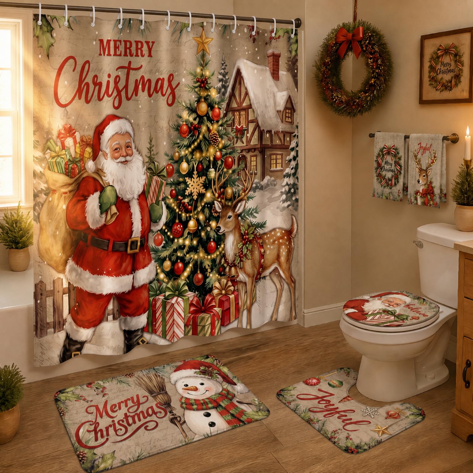 HunnmingRe 6 Pcs Vintage Christmas Bathroom Decor Santa Shower Curtain Sets