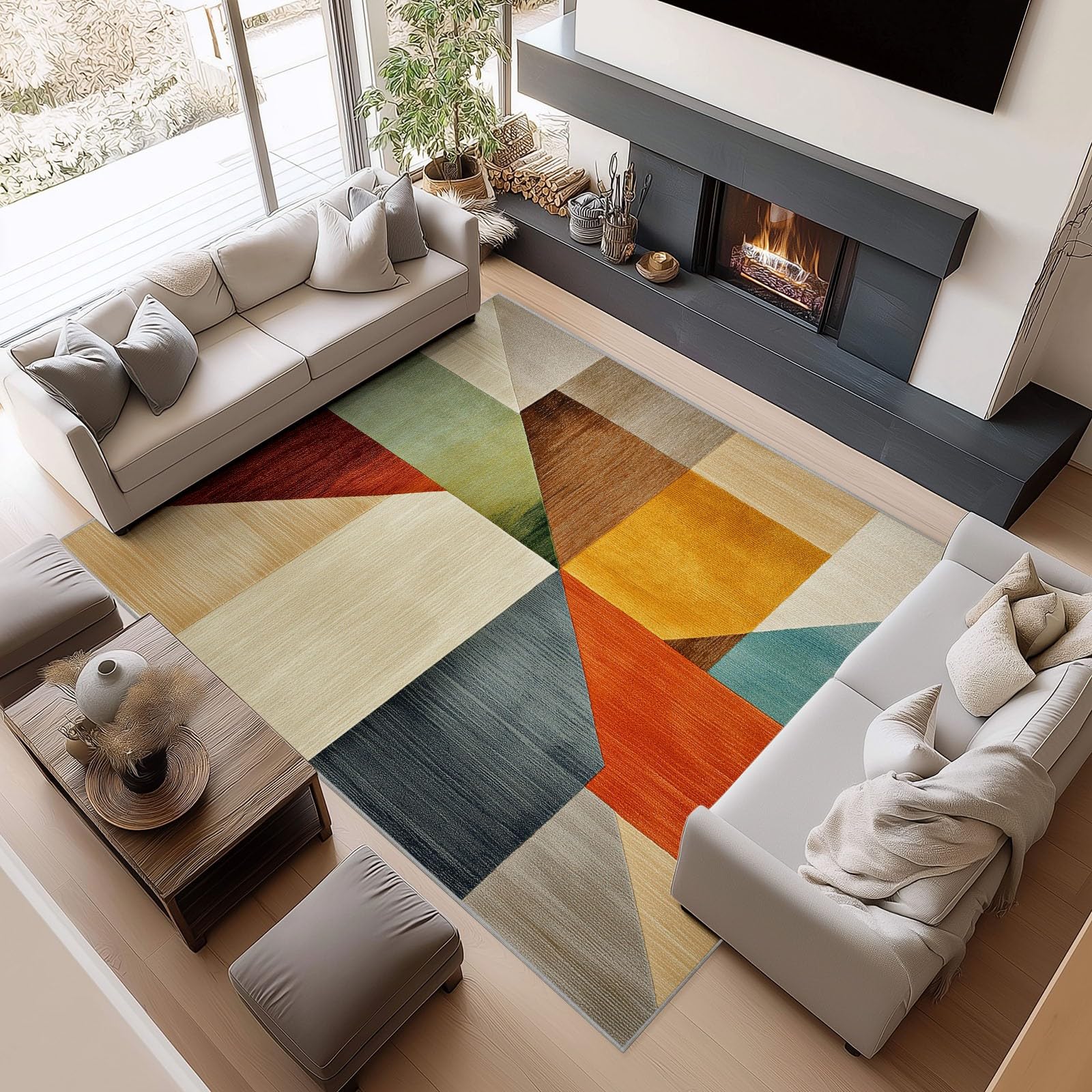 Alfombra geométrica lavable a máquina de pelo ras diseño abstracto moderno