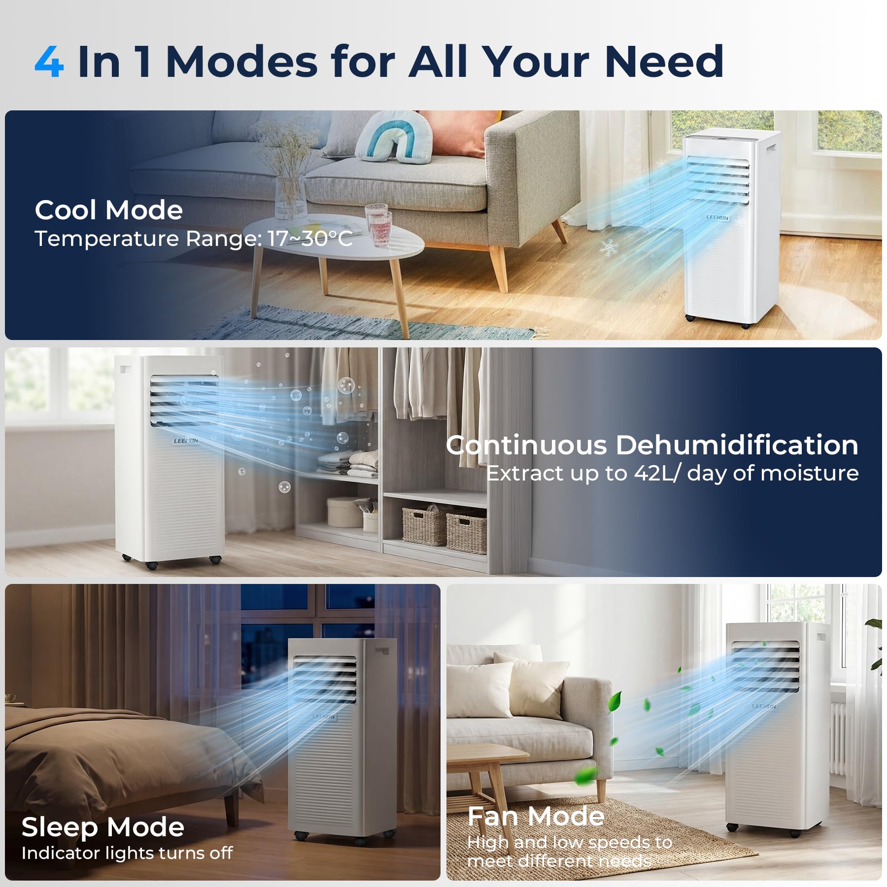 9000 BTU Aire Acondicionado Portátil LEENON 4 en 1 Climatizador Portatil Deshumidificador Ventilación, Modo Sueño, Control Remoto, Temporizador 24H, Incluye Kit Ventana, Ar Condicionado Hasta 35m²