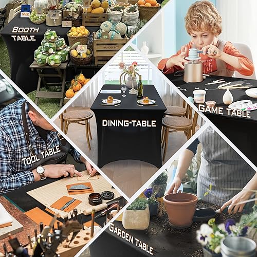 Miniatura 8 de Paquete de 2 manteles de elastano rectangulares ajustables de 6 pies, color negro, fundas elásticas, lavables, sin arrugas, para festivales,