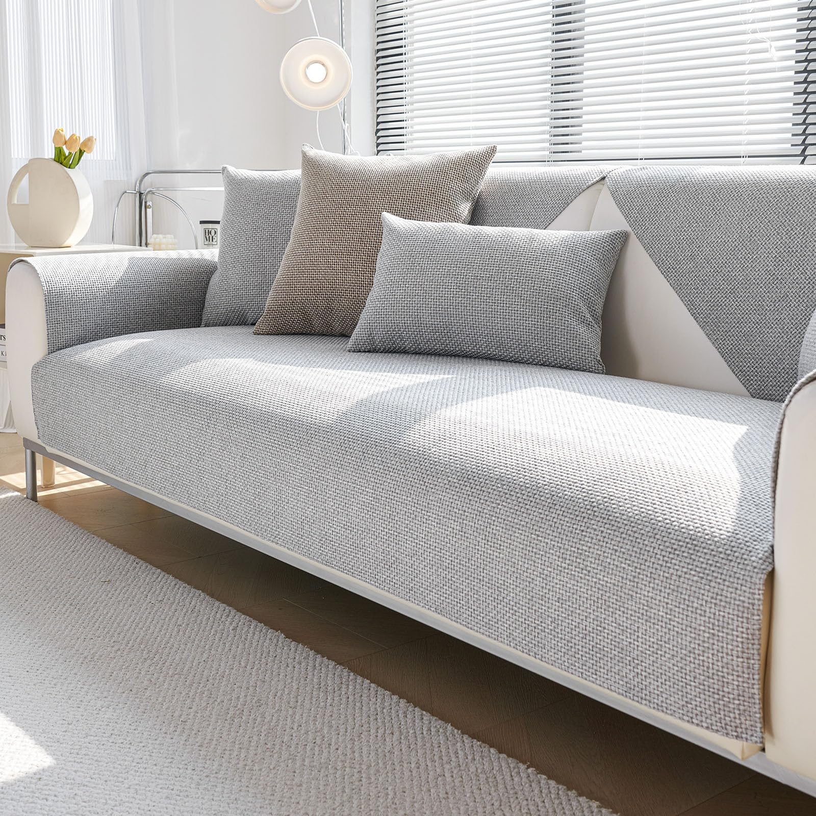 Treer Linen Fabric Anti Slip Sofa Cover, Simple Style Sofa Seat Cover Universal Soft Thick Sofa Cushion Protector 1 2 3 4 Seater Couch Covers L Shape/Corner Sofa Protector (90x180cm,Light Gray)