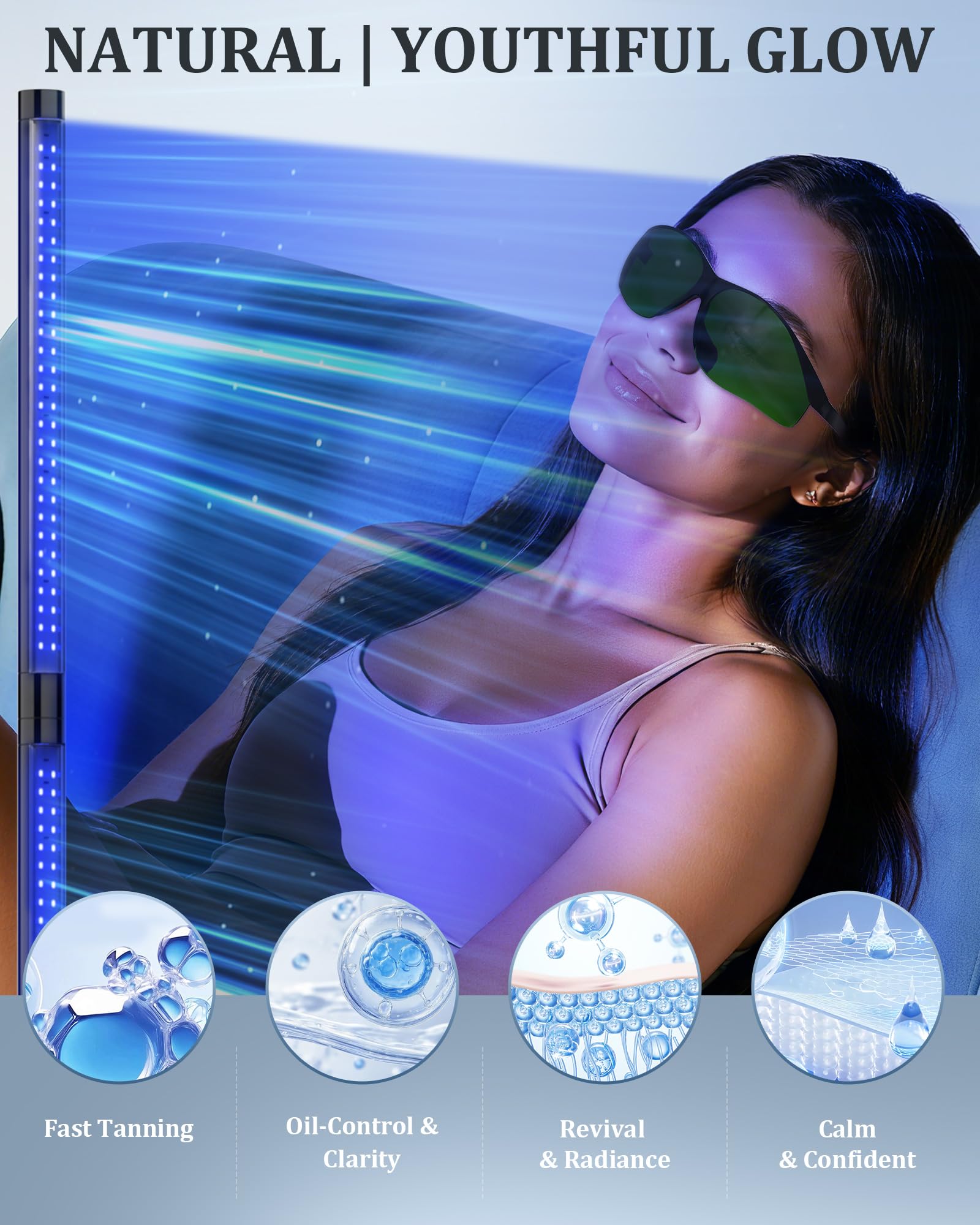Solarium pour la maison, lampe de bronzage 460 nm et 490 nm pour un bronzage uniforme du visage et du corps, 5 niveaux de luminosité, tubes de lampe amovibles
