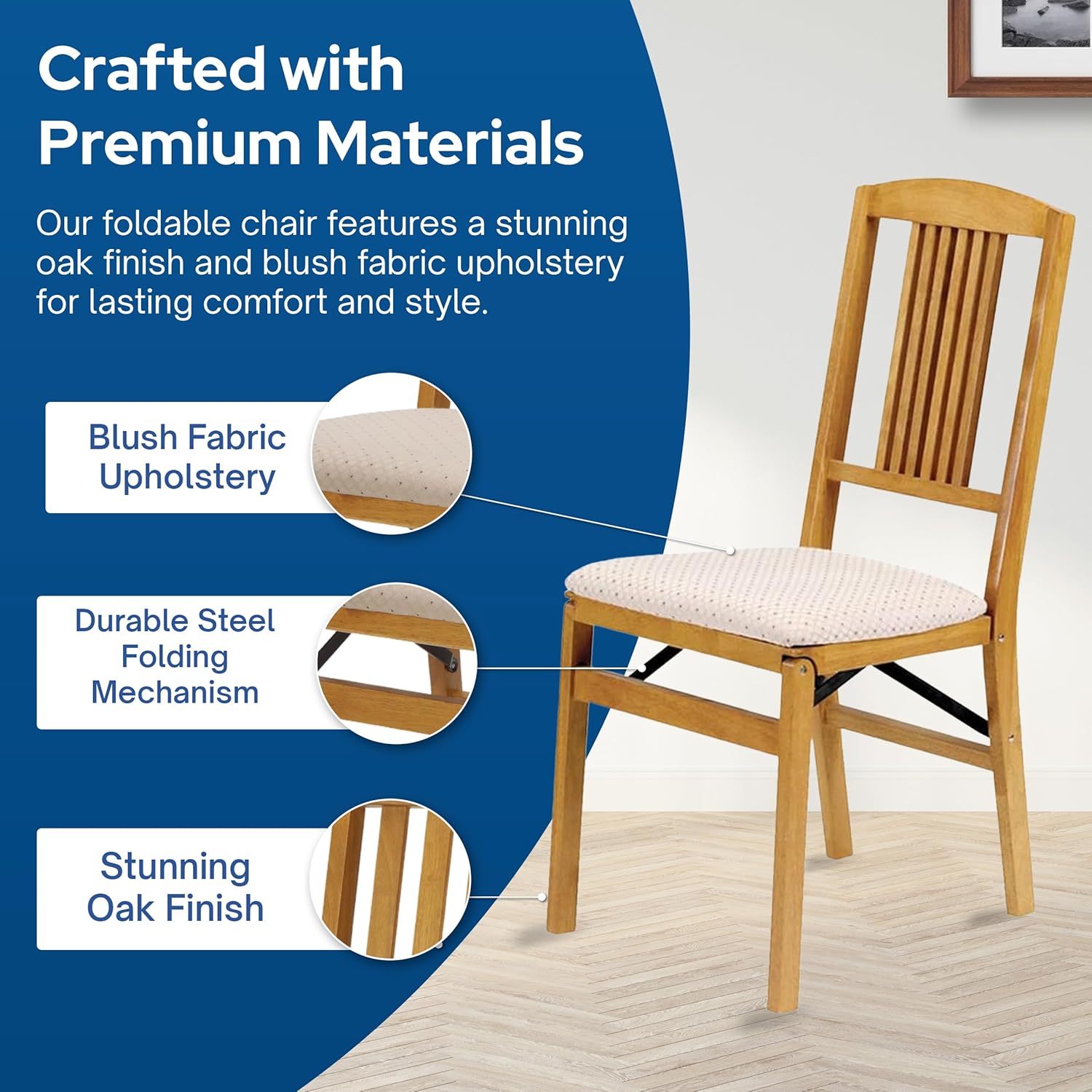 Oak Armless Folding Reception Chair with Upholstered Seat