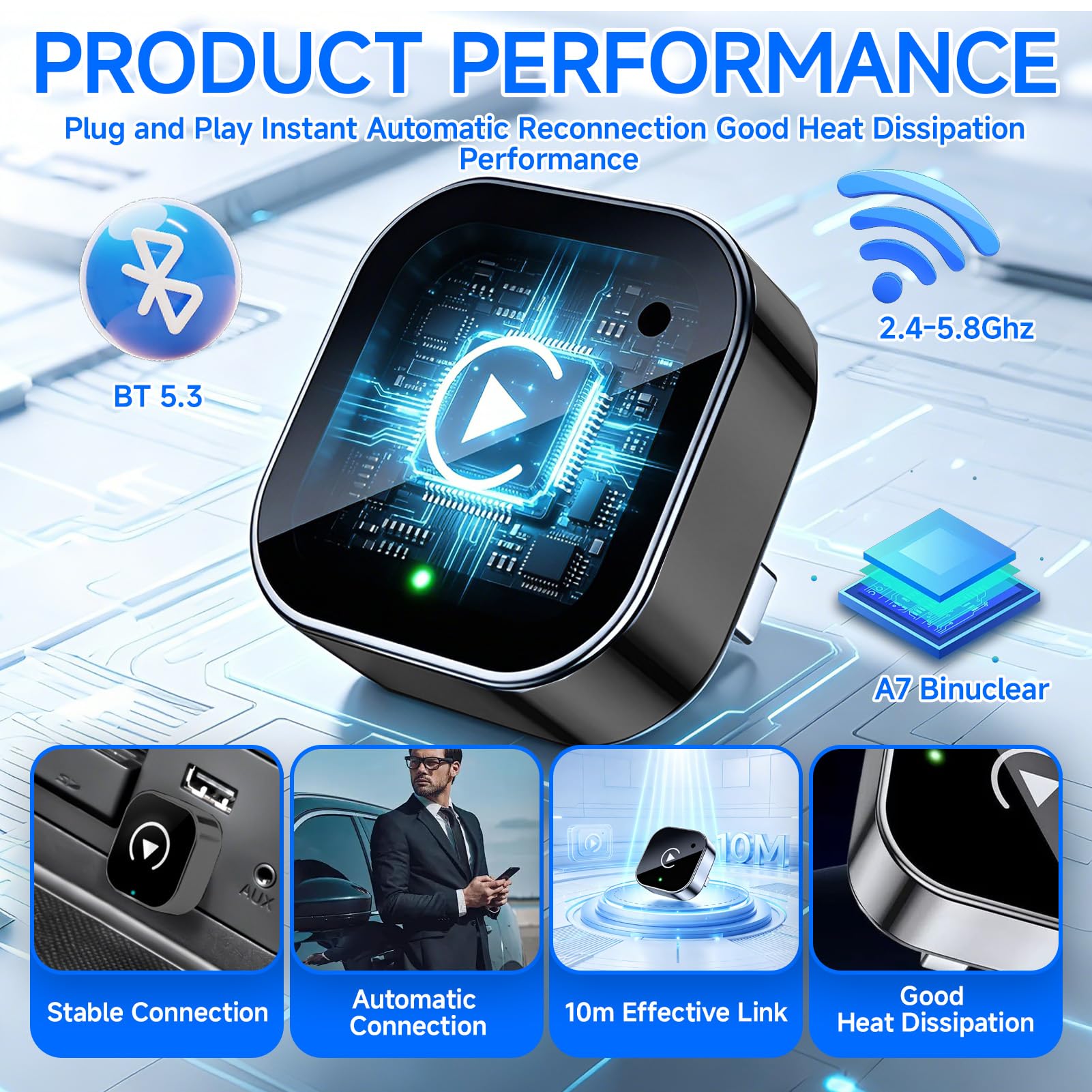 Adaptateur pour CarPlay et Android Auto sans Fil 2 en 1, Plug & Play, Reconnexion Automatique, WiFi 2,4+5,0 GHz Bluetooth 5.0, Dongle USB C/A Compatible avec Voitures (2016+) et iOS 10+/Android 11+