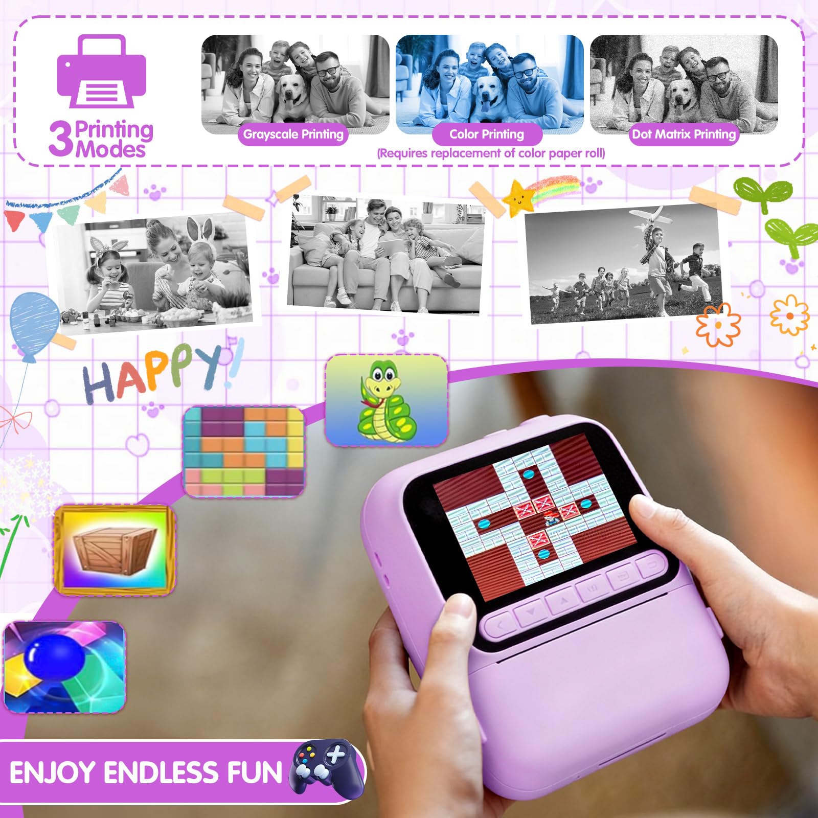 Appareil Photo Instantané, 2.4" Écran Appareil Photo Enfant avec Papier d'impression et Carte 32GB, 1080P Appareil Photo Numérique Enfant, Cadeau Jouet pour Enfant Garçons Filles de 3-14 Ans