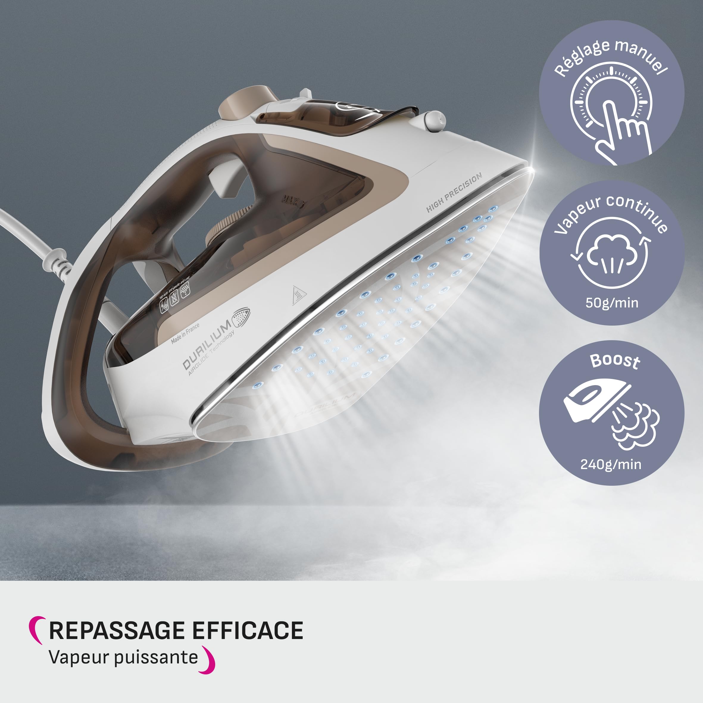 Calor Easygliss Eco Fer à repasser, 2800 W, Débit vapeur 50 g/min, Fonction Pressing 240 g/min, Jusqu'à 30 % d'économie d'énergie, Semelle Durilium Airglide, Fabriqué en France, Argile FV5780C0 - 3