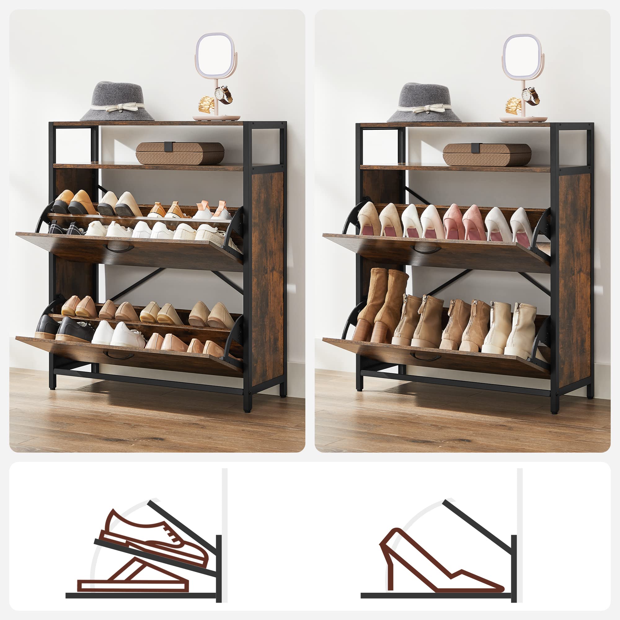 VASAGLE Schuhschrank, schmales Schuhregal, Schuhkipper mit 2 Klappen, für 10-16 Paar Schuhe, platzsparend, staubdicht, 30 x 80 x 95 cm, für Flur, vintagebraun-schwarz LBS801B01