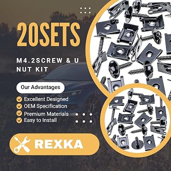 Rexka 20 Sets M4.2 Universal Fender Liner Engine Splash Shield Hex Head Screw & U Nut Kit for GM Chevy Ford Buick JeepChrysler - Multipurpose - Type A