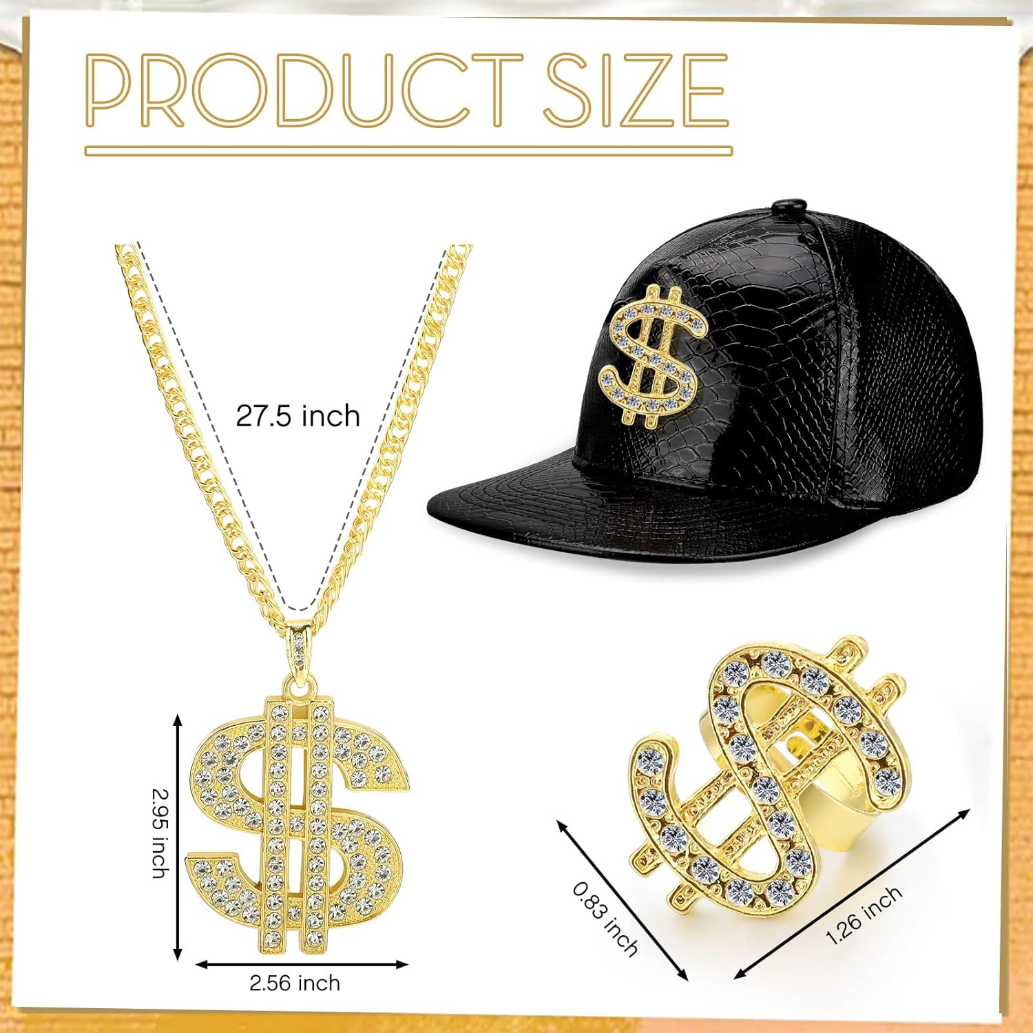 MTLEE 3 Pcs Halloween Hip Hop Costume Kit 80s 90s Rapper Outfits Accessories Fake Gold Chain Necklace Dollar Sign Cap Ring for Men Women Halloween Party Cosplay - Image 2