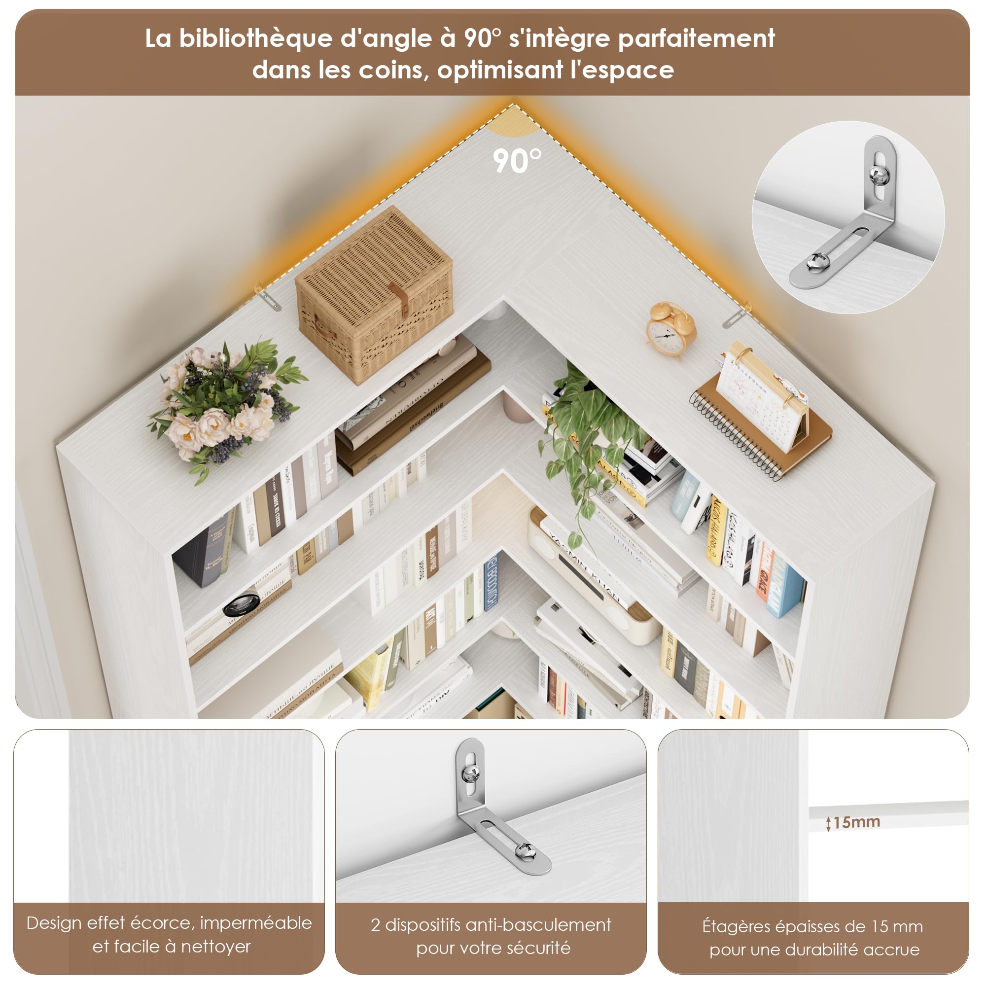 FirFurd Bibliothèque 190cm Bibliotheque d'angle avec 6 Étagères de Rangement Bibliotheque Meuble de Rangement pour Salon Bureau Chambre 90x90x190.5cm Blanc