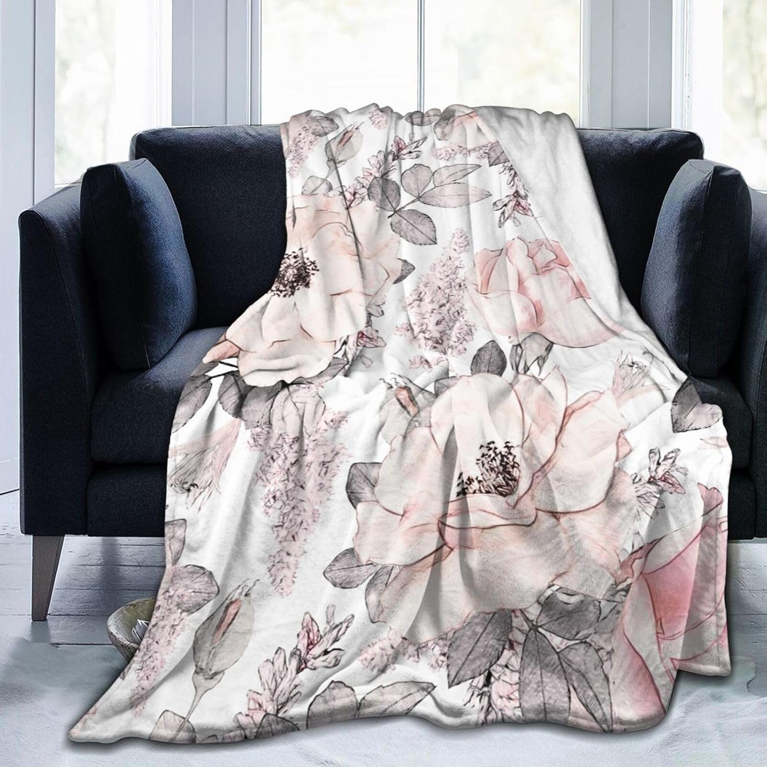 Pink Flower Grey Leaves Blanket Soft Lightweight Throw Blankets Cozy Flannel Bed Throws For Sofa Couch Travel Home Room Bedroom Decor Gifts For Girls Women Adults 60"x50"
