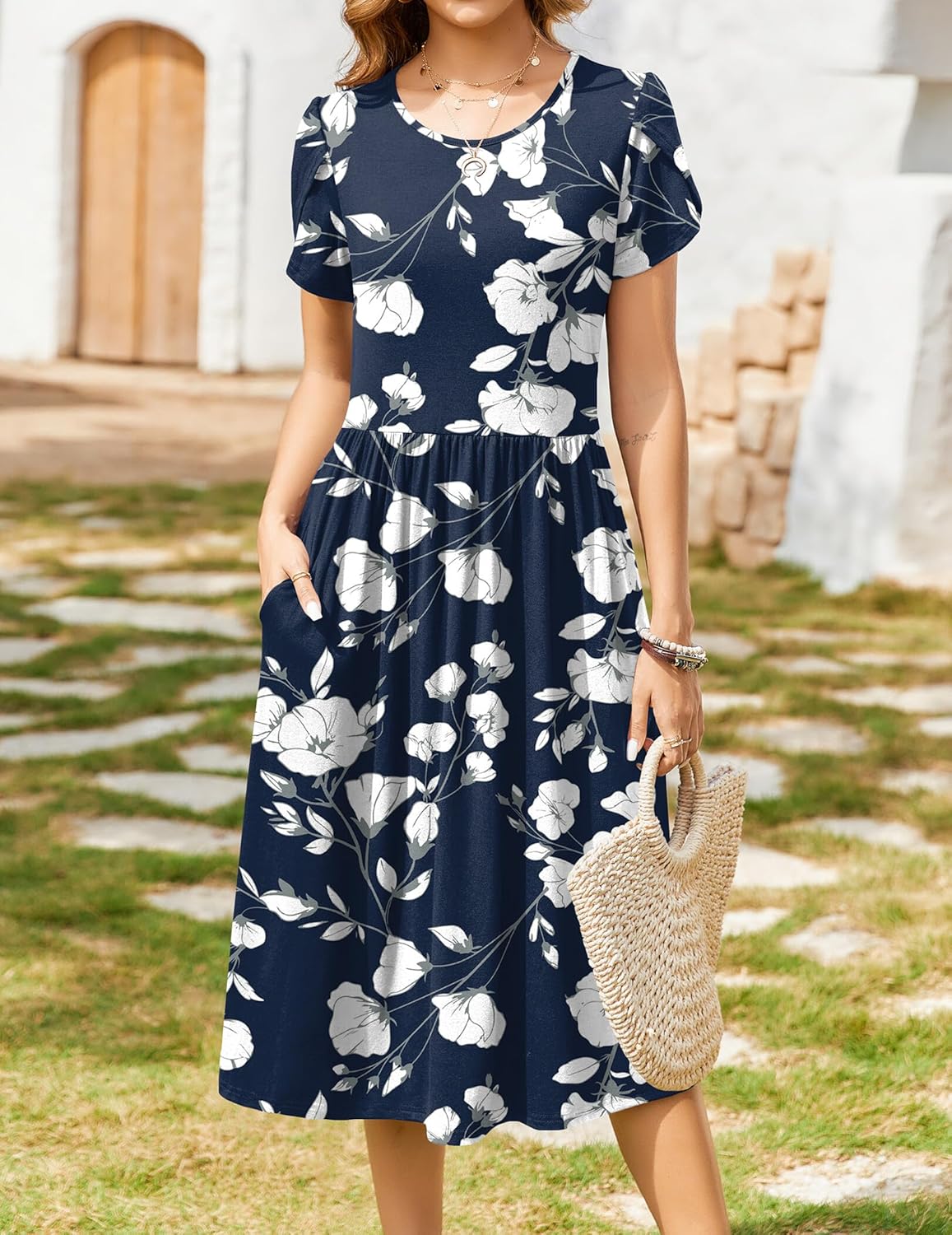 Zeagoo Women Summer Short Sleeve Midi Dress with Pockets Casual Aline Flowy Tshirt Dress Floral Vocation Beach Sundress - Image 2