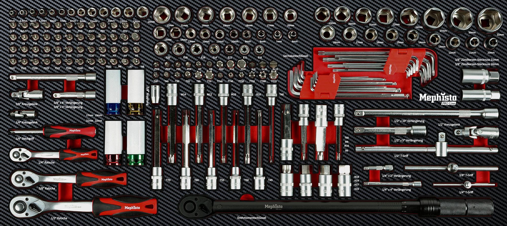 Mephisto 11 inserti con utensili come set di cricchetti, set di martelli, chiavi ad anello, chiavi a cricchetto, pinze, lime, cacciavite VDE, pinze combinate