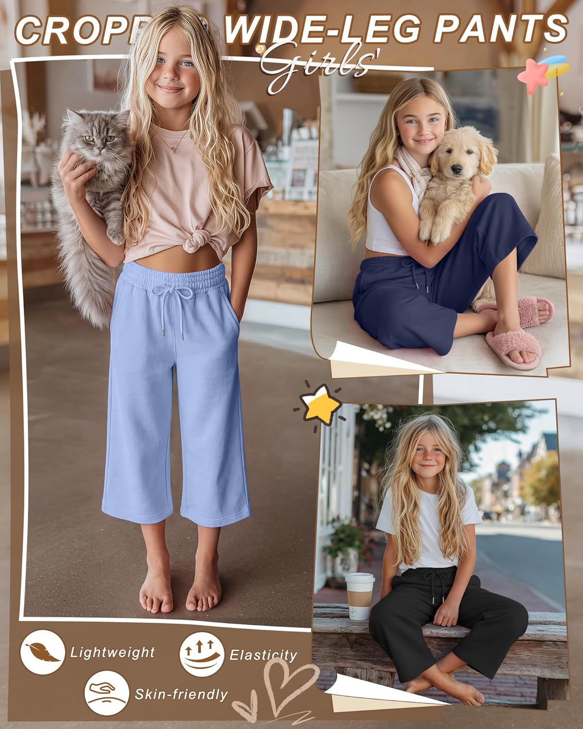 Halfchet 3 Pack Girls Capri Pants Wide Leg Baggy Cropped Sweatpants Kids Basic Casual Capris with Pockets for Ages 5-14