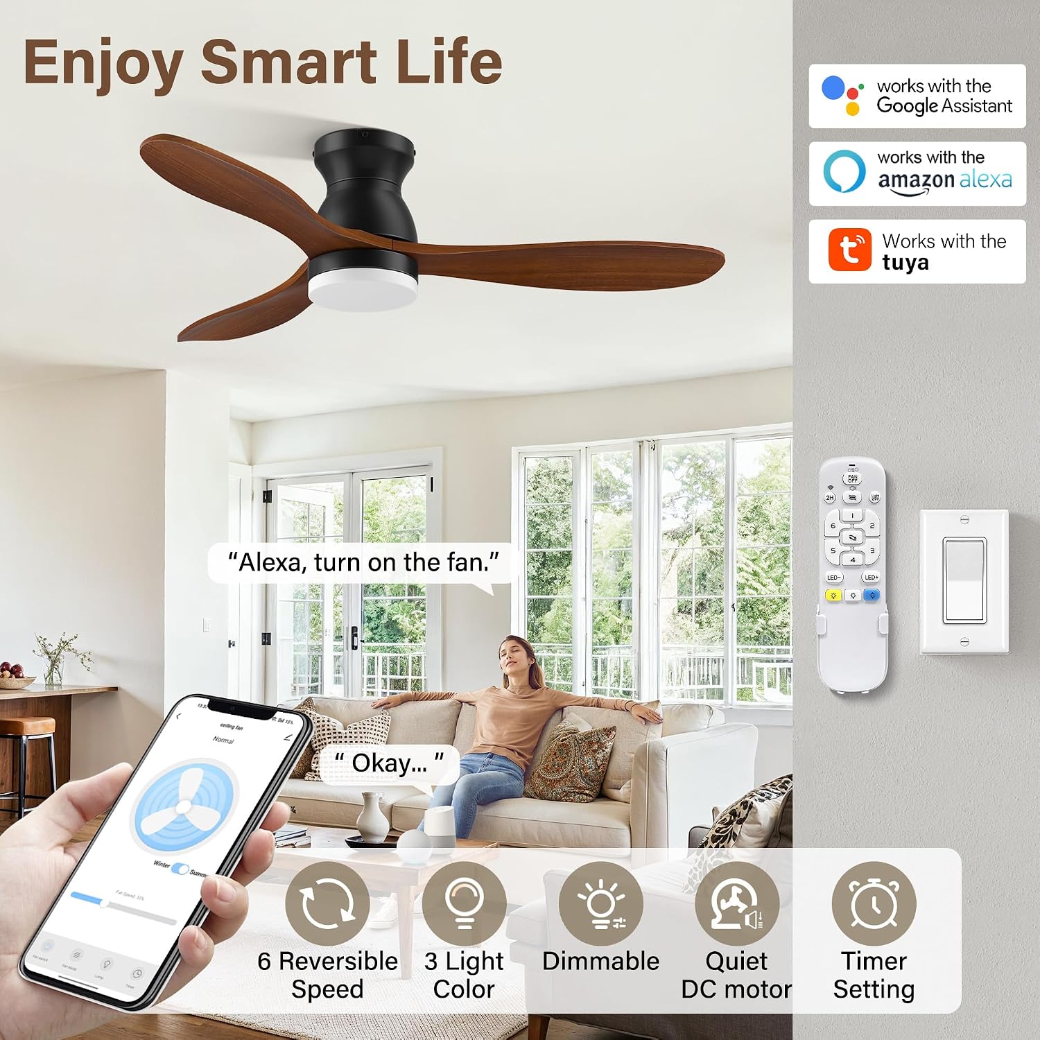 42 Inch Wood Ceiling Fans with Lights Remote,Smart Control via Alexa,APP,Quiet DC Motor,Dimmable,Outdoor Indoor, Flush Mount Hugger Modern Ceiling Fan for Low Profile Bedroom,Patio,Walnut Brown& Black