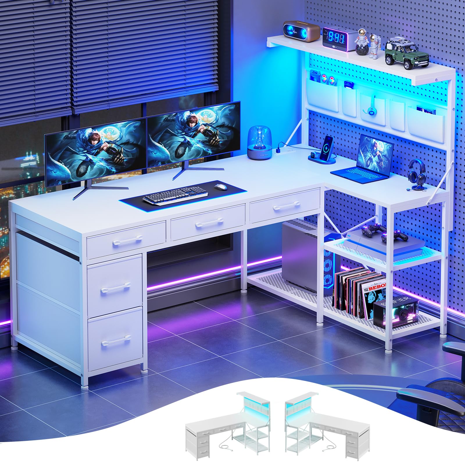 Itaar L Shaped Gaming Desk with 5 Drawers and Storage Shelves, Reversible Computer Desk with Bookshelf for Home Office, L Shaped Corner Desk with LED