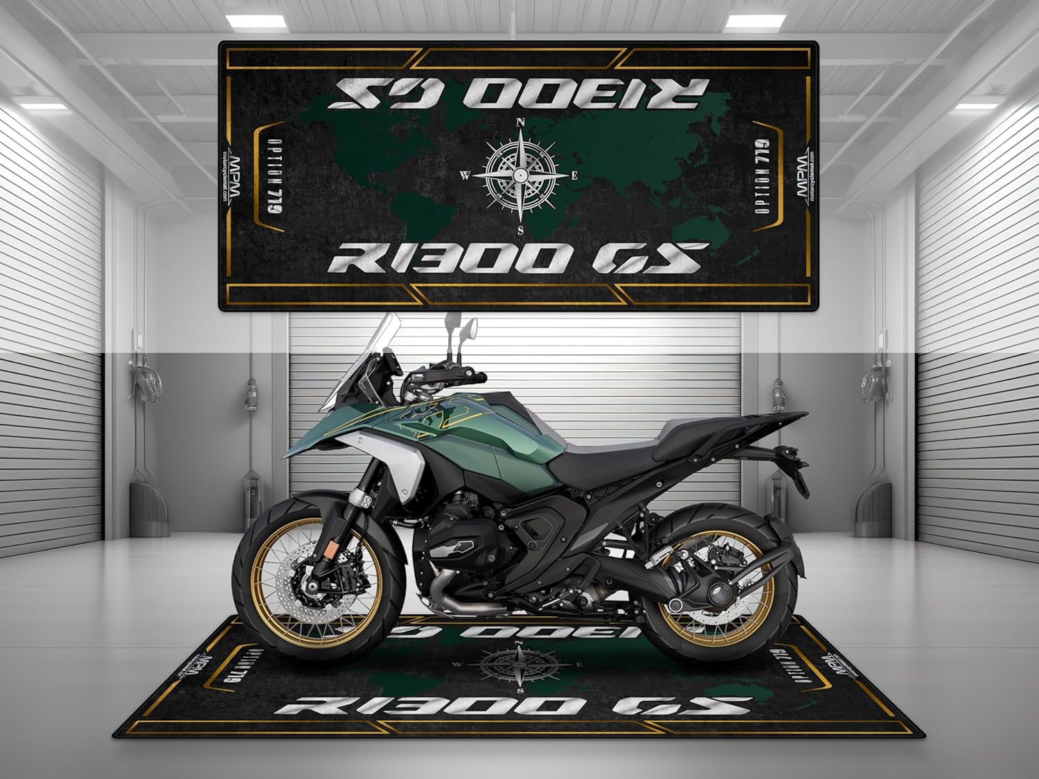 R1300 GS Motorcycle Mat - Waterproof, Non-Slip Base for Maintenance - Durable, Easy to Clean, Lightweight & Portable - Garage & Showroom Floor Mat (Option 719 Tramuntana, 102 x 47/260 x 120 cm)