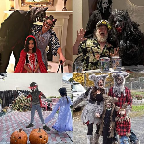 Miniatura 5 de Disfraz de hombre lobo de Halloween para niños, trajes de lobo aullador de lujo con máscara de ojos rojos iluminados, guantes, zapatos, colmos,