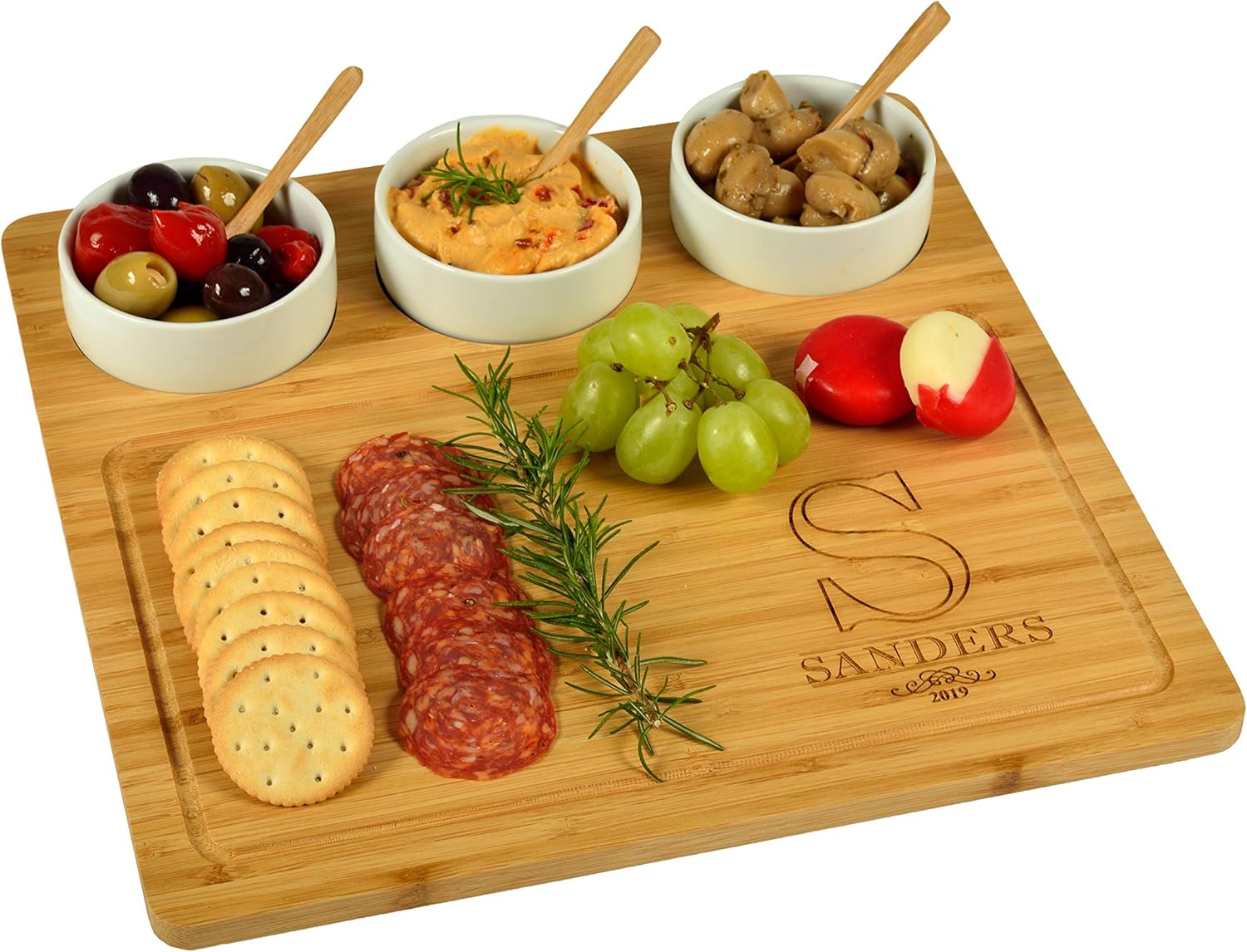 Custom Personalized Engraved Bamboo Cheese/Charcuterie Cutting Board - Includes 3 Ceramic Bowls with Bamboo Spoons - Cheese Markers - Designed & Quality Checked in the USA