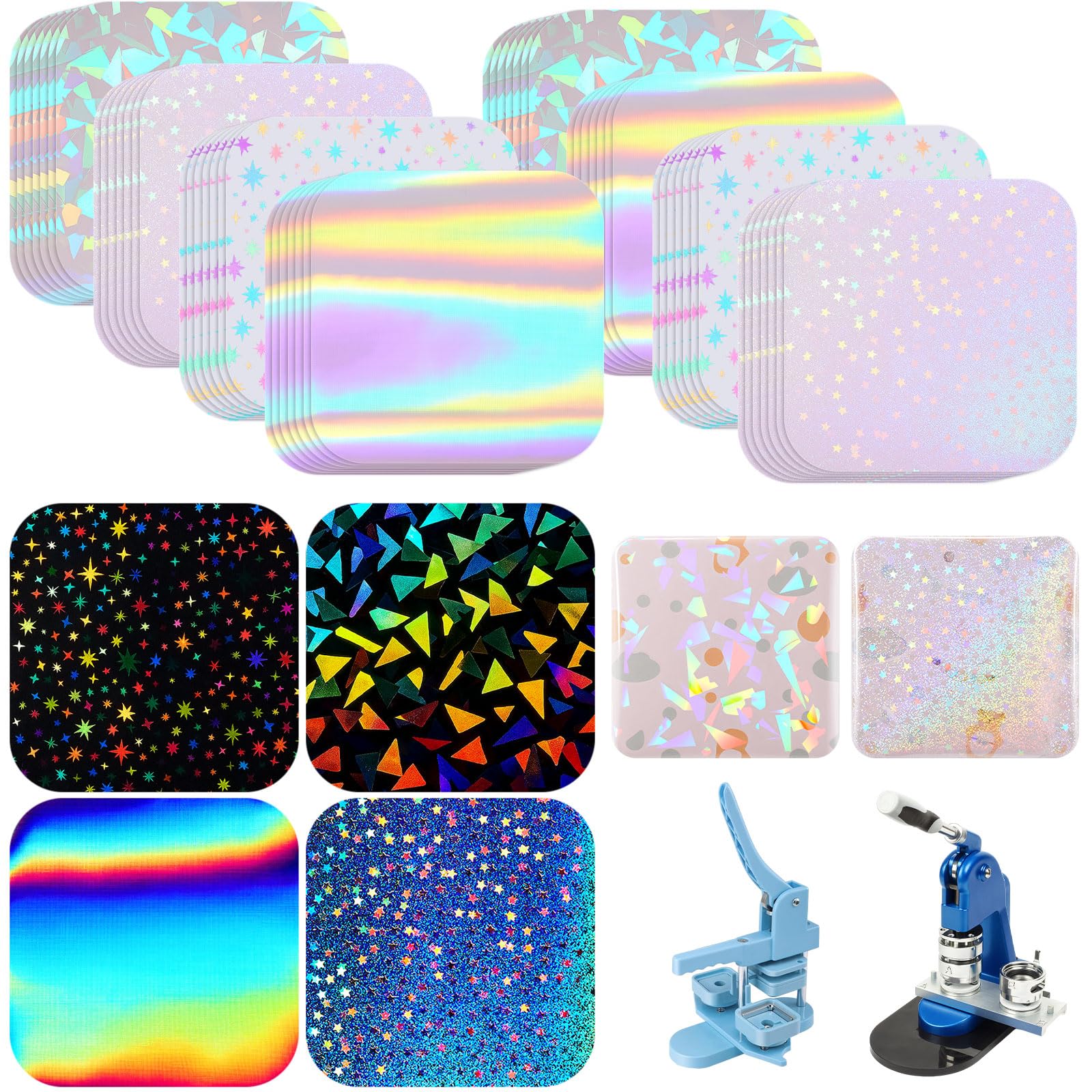 200 Pcs Square Button Maker Supplies Film for Pin Maker Machine Kit , 4 styles of holographic glitter films for 1.97 inch / 50mm Badge Protective Film