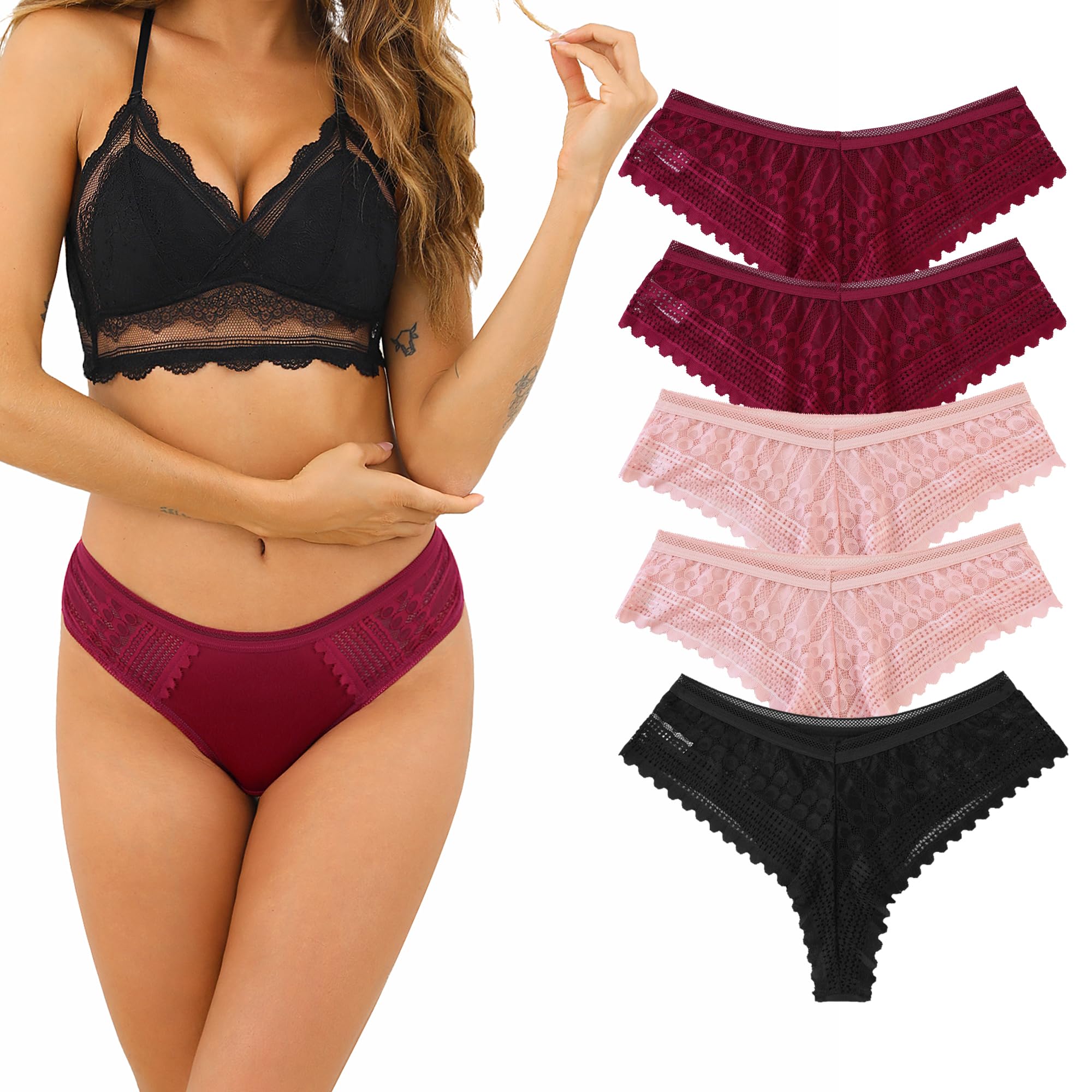Demegimi Unterhosen Damen Spitze Slip Brazilian Slip Sexy Unterwäsche Frauen Panties Hipster Bikini Shorts Mehrpack 5er Pack