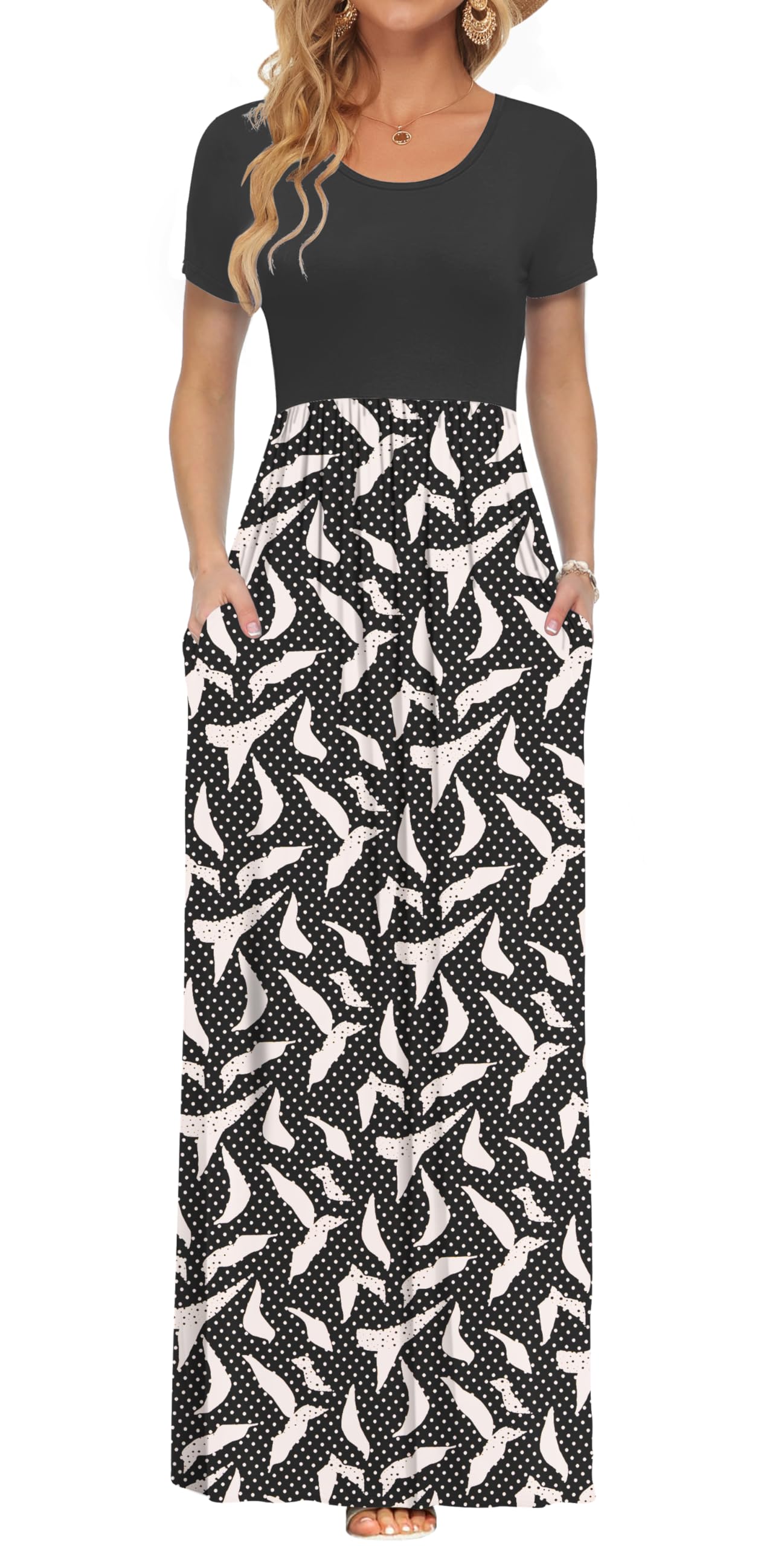 AUSELILY Damen Kurzarm Sommer Casual Long Maxi Kleider mit Taschen